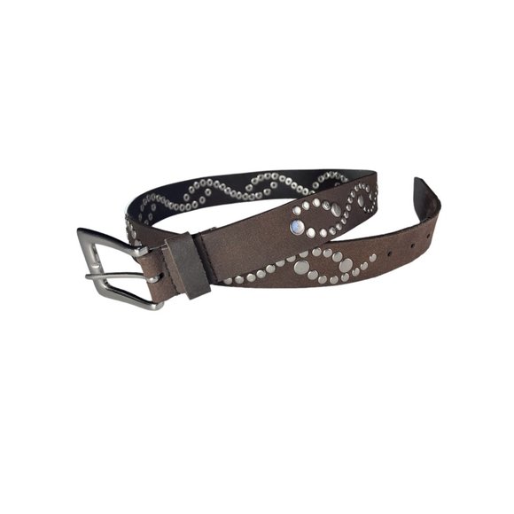 Leather Belt Studded Silver Wave Design Womens Leather Belts XL Vintage - Picture 1 of 6